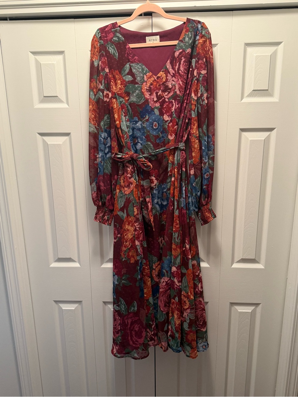 Aura Burgundy Floral Wrap Maxi Dress with Blue and Green Accents